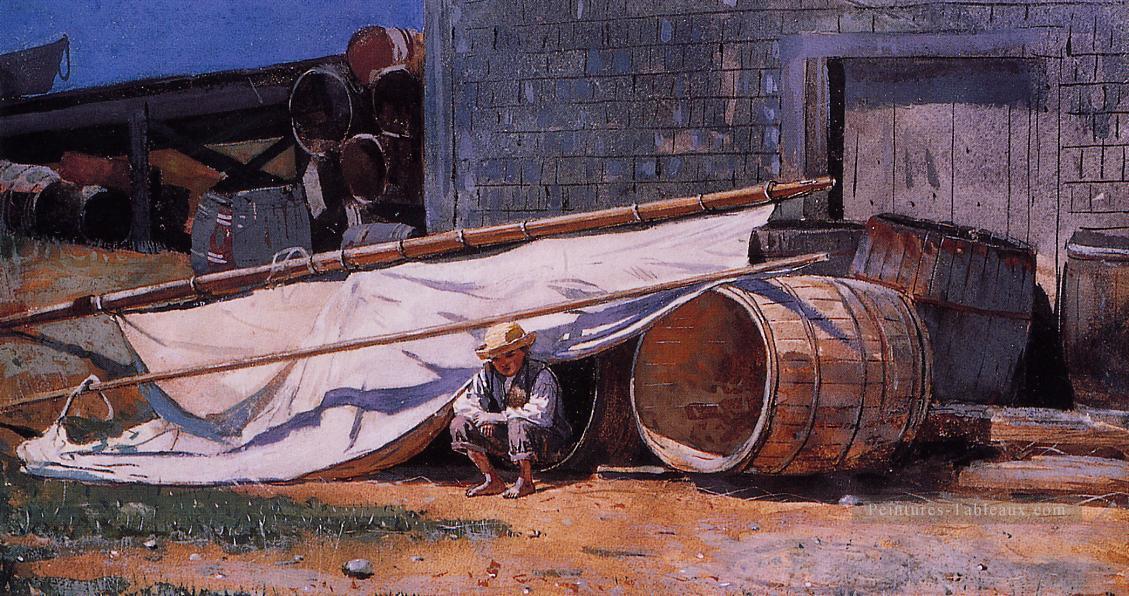 Garçon dans un chantier naval aka Boy avec barils réalisme peintre Winslow Homer Peintures à l'huile